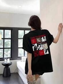 Women's Casual Loose Fit Crew Neck Cartoon Letter Print Short Sleeve T-Shirt, Spring/Summer - Black - View 2