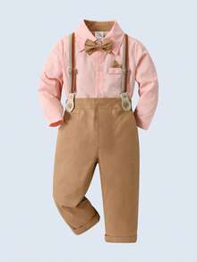 BOARNSEORL 2pcs Young Boys Gentleman Outfit - Collared Shirt With Bow Tie And Suspender Pants, Fashionable And Stylish For Birthday Party, Wedding, Banquet - Khaki - View 3