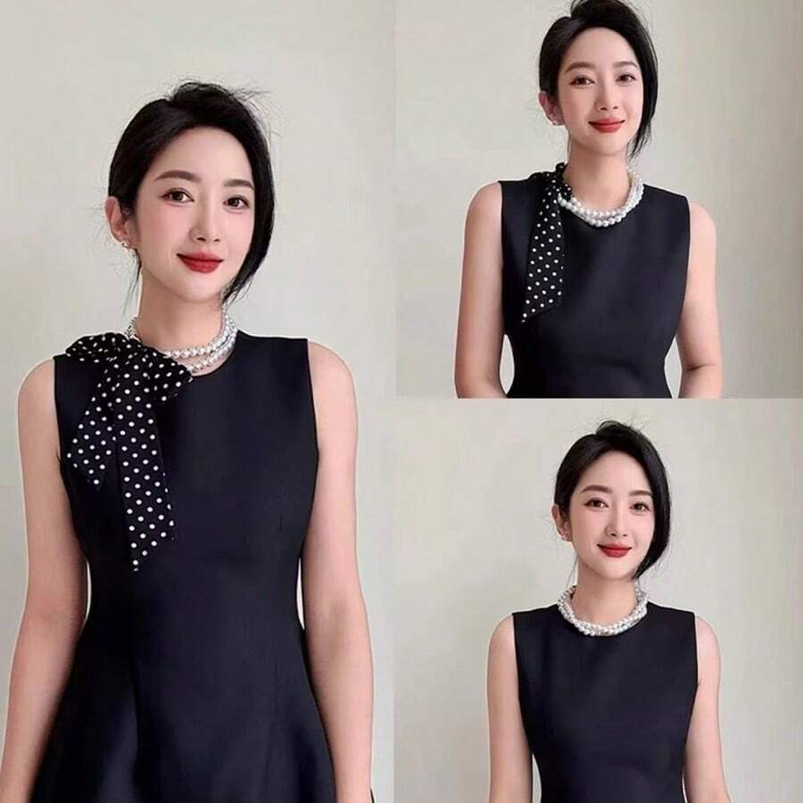 French Retro Pearl Scarf Necklace, Elegant Niche Collarbone Chain, Women Hair Tie, Bag Ribbon - Multicolor - View 1