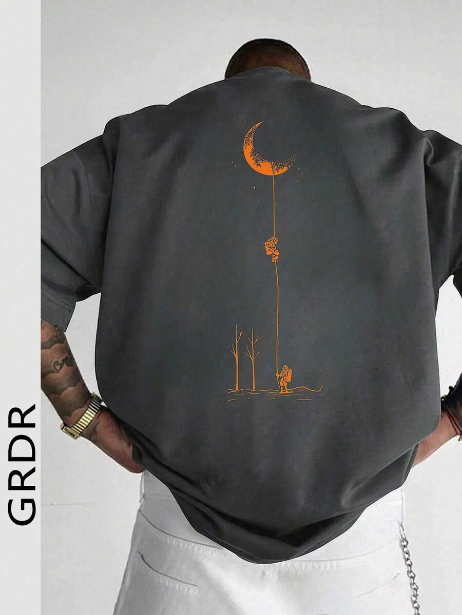 GRDR 男士时尚印花宽松短袖T恤 | 精致设计 | 夏季必备 | 易于搭配，展现您的风格 - 深灰色 - 查看 1