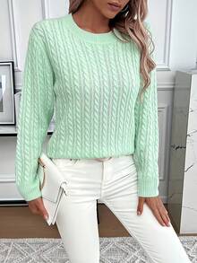 New Year's Edition Women's Sporty Casual Round-Neck Solid Color College-Style Sweater Pullover, Long Sleeve Top Knit Blusas Manga Larga De Mujer - Màu xanh Bạc hà - Xem 3