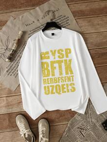 街头风美式设计字母印花宽松休闲长袖T恤，女款，白色，秋冬季 - 白色 - 查看 6