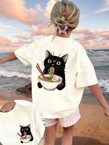 Tween Girl Funny Cat Print Round Neck T-Shirt, Summer Top - Apricot - View 3