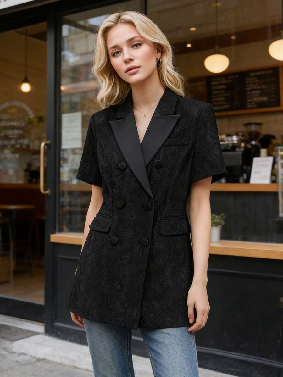 2026 Spring/Summer New Arrival Hollow Lace Black Blazer Jacket, Double-Breasted Slim Fit Elegant Suit Top For Women - Black - View 1