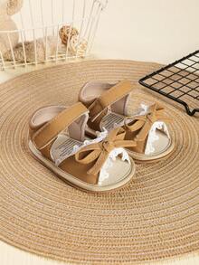 1 Pair Girls' Bow Hook And Loop Design Flat Casual Versatile Princess Style Fashion Sandals, Suitable For Summer - Apricot - View 11