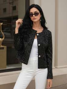 Elegant Casual Sequin Button Front Long Sleeve Party Evening Jacket - Black - View 6