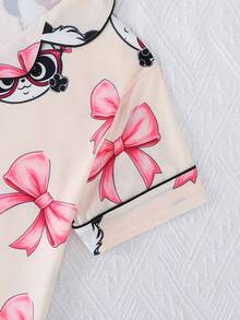 2pcs/Set Piyama Kasual Anak Perempuan Motif Panda dan Pita, Lengan Pendek dengan Kerah dan Celana Pendek, Cocok untuk Semua Musim - Aprikot - View 6