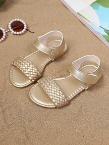 1 Pair Summer New Woven Vamp & Hook And Loop Design Gold Girls Open Toe Flat Sandals, Suitable For 3-15 Years Old Girls To Wear On Beach Vacation, Seaside, Summer Outing, Kindergarten Activities, Parent-Child Visits, Soft Bottom Casual Sandals - Gold - View 6