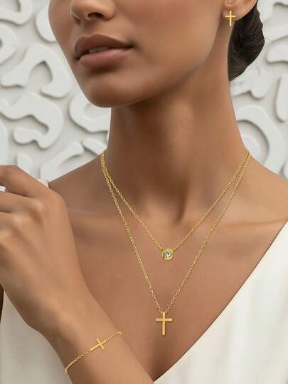 Women's Cross Pendant Necklace Set, Multi-Layer Chain With Bracelet And Earrings, Suitable For Valentine's Day, Birthday, Anniversary, Christmas, Mother's Day, Party And Other Occasions As Jewelry Gift For Her