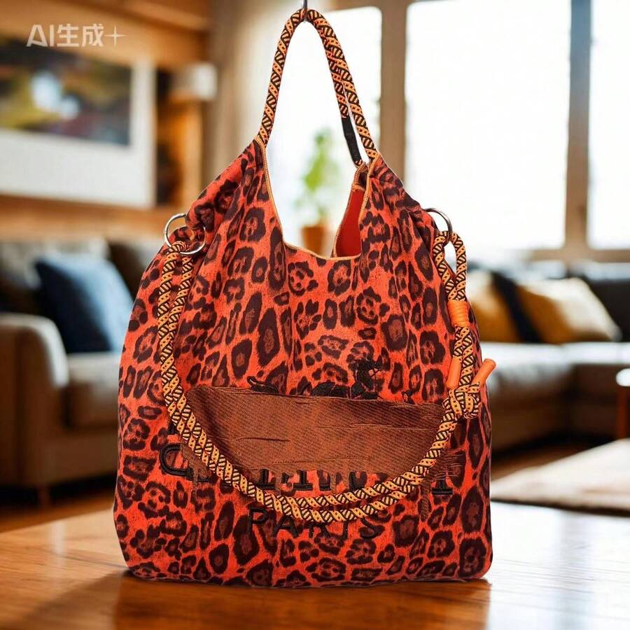 2-Sided Embroidered Tote Bag, Fashion Versatile Large Capacity Shoulder Bag - Burnt Orange - View 1