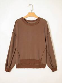 Acelitt Herbst einfarbiges, strukturiertes gestreiftes Langarm Lässig Loose Rundhalsausschnitt T-Shirt mit Bündchen - Braun - Übersicht 5