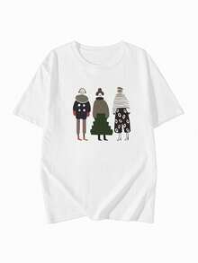 Women's Loose Fit Round Neck Short Sleeve Letter & Cartoon Print T-Shirt, Spring/Summer - White - View 4