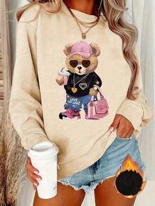 Sweat Shirt2025 New Sweatshirts Women's Casual Round Neck Sweatshirt With Teddy Bear Graphic, 100% Polyester Fabric, Alphabet Pattern Appliqué, AutumnWinter Fashion Top, Weight 250gM² Loose And ComfortableLoose And Comfortablevalentines Clothes - 杏色 - 查看 6
