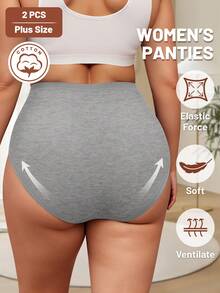MEIYATING 2pcs Plus Size Women High Waist Tummy Control Cotton Panties With English Print, Comfortable Daily Wear - Multicolor - View 3