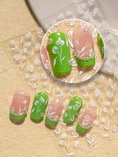 1pc Minimalist Floral Embossed Nail Art Sticker, Featuring Delicate White Flowers & Leaves With Translucent Embossed Texture, Lightweight & Refined Design, Suitable For Those Who Prefer Minimalist, Fresh & Gentle Nail Art Styles