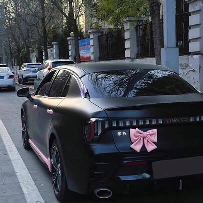 1个3D粉色蝴蝶结汽车装饰品，采用可爱甜美的设计，防水功能。适用于装饰汽车和电动滑板车的后备箱和保险杠，是各种场景的理想配件。