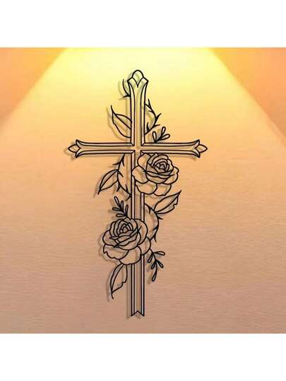 1pc Elegant Metal Cross Wall Art With Black Rose, Suitable For Home, Office, Living Room, Bedroom, Patio, Kitchen Decor - Reusable, Perfect Gift For Housewarming, Holidays, Antique Collectors, Home Decor
