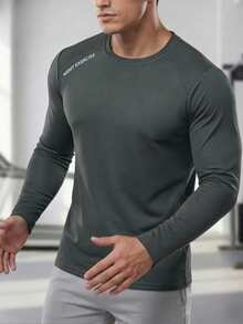 男士圆领休闲运动长袖T恤，纯色健身跑步长袖T恤上衣，适合户外活动，运动T恤上衣，节日礼物 - 灰色 - 查看 2