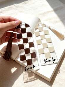 1pc Customized Neutral Checkered Bookmark, Checkered Bookmark, Dark Academia Bookmark, Neutral Aesthetic, Checkered Aesthetic,Customized Plaid Acrylic Bookmark, Handmade Gift For Book Lovers - Multicolor - View 5