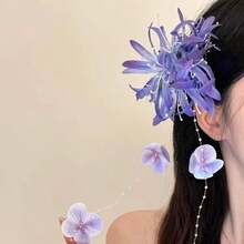 1pc Elegant Floral Hair Clip, Fresh Embossed Tassel Hair Accessory, New Chinese Style Hanfu Headpiece For Women, Claw Clips, Hair Slide, Flower Hair Clips, Hairpin, Summer Accessories - Purple - View 1