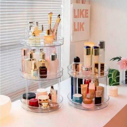 1Set 3-Tier Clear Acrylic Rotating Organizer, Contemporary Transparent Round Storage Tower, 360° Rotating Cosmetic & Perfume Holder For Dresser, Great For Valentine's Day & Home Decor