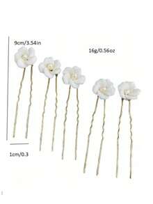 New White Flower Ceramic Hairpin, Pastoral Style Hair Accessory For Bridal Wedding Valentine's Day Accessories - Gold - View 4
