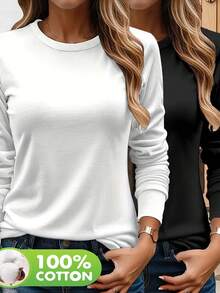 Women's Two Pieces Long-Sleeve T-Shirt, Pure Cotton Long-Sleeve Crew Neck Top, Women's Top, Autumn And Winter, Winter Inner Lining - Multicolor - View 5