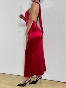 1pc Sexy Backless Round Neck Sleeveless Elegant Maxi Dress, Fitted Halter Neck Bodycon Dress, New Arrival 2025 European And American Cross-Border Summer Party - Burgundy - View 2