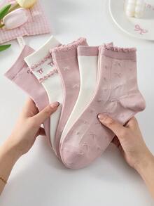 4 Pairs Soft & Comfortable Lace Ruffle Floral Bow Decor Ballet Style Mid-Calf Socks, Random Colors, Suitable For All Seasons - Multicolor - View 8