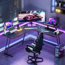 L Shaped Gaming Desk Computer Corner Desk PC Gaming Desk Table With Large Monitor Riser Stand For Home Office Sturdy Writing Workstation (Black, 51 Inch) - Black - View 2