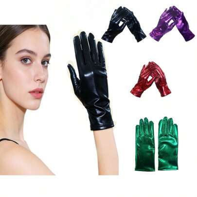 Guantes cortos de piel sintética brillante, guantes de escenario para adultos, talla única para disfraces