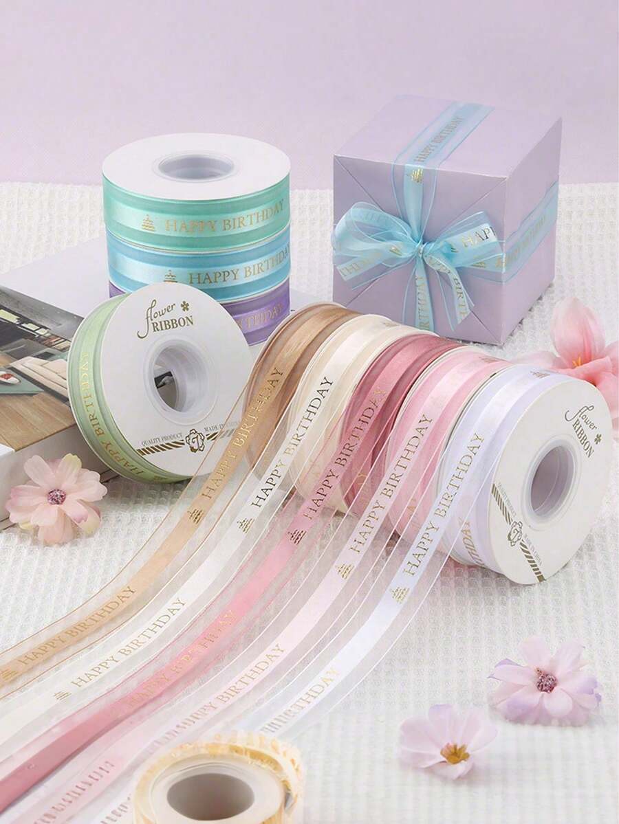 1PC Happy Birthday Ribbon, Pink Birthday Ribbon Used For Gift Packaging With Gold Foil Decorative Bow Packaging - Multicolor - View 1