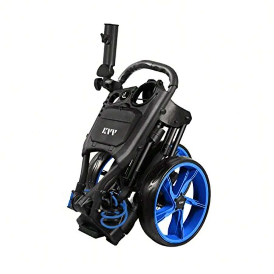 KVV 3 Wheel Golf Push Cart Ultra Lightweight Smallest Folding Size New-Version Scorecard Holder - Negro/Azul - Ver 1