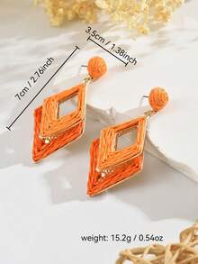 1 Pair Versatile Boho Style Handmade Woven Raffia Double-Layer Geometric Rhombus Earrings, Creative Exaggerated Colorful Raffia Geometric Earrings Suitable For Women's Daily, Vacation, Party Wear (Handwoven Technique Random, Handmade May Have Slight Glue Residue) - Orange - View 5