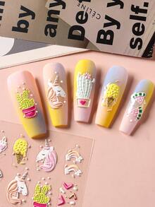 2 miếng dán móng tay 5D hình hoạt hình dễ thương: bánh donut, kỳ lân, kem, bỏng ngô, xương rồng, tự dính trang trí móng tay, phụ kiện làm móng DIY - Nhiều màu - Xem 4