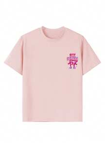 女孩夏季卡通标语图案T恤 - 粉色 - 查看 7