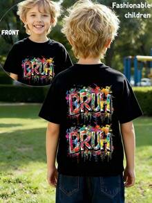 Boys' Casual Minimalist Slogan Print Crew Neck Short Sleeve T-Shirt, New Summer Boys' Clothing - Black - View 5