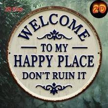 "Welcome To My Happy Place Don't Ruin It" Round Metal Tin Sign, Vintage Floral Wall Art Decor, Size 8 Inch (20x20cm) - Funny Sarcastic Plaque, Humorous Home Entrance Ornament, Front Door, Porch, Patio, Garden Fence, Backyard Signage, Living Room, Bedroom, Kitchen, Cafe, Bar, Office, Novelty Gift For Him Her, Waterproof Iron Plate, Pre-Drilled Holes, Rounded Edges, Polished Finish, Nostalgic Design, Household Accessory, Indoor Outdoor Sign, Sassy Quote, Personal Sanctuary, Minimalist Art, Apartment Essentials, Modern Wall Hanging, Decorative Shield, No Fade Print, Metal Label, Artistic Touch, Country Style - 彩色 - 查看 1