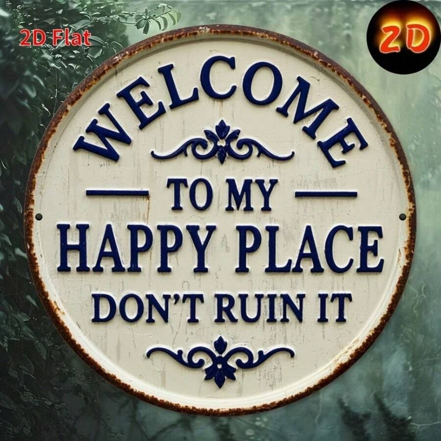 "Welcome To My Happy Place Don't Ruin It" Round Metal Tin Sign, Vintage Floral Wall Art Decor, Size 8 Inch (20x20cm) - Funny Sarcastic Plaque, Humorous Home Entrance Ornament, Front Door, Porch, Patio, Garden Fence, Backyard Signage, Living Room, Bedroom, Kitchen, Cafe, Bar, Office, Novelty Gift For Him Her, Waterproof Iron Plate, Pre-Drilled Holes, Rounded Edges, Polished Finish, Nostalgic Design, Household Accessory, Indoor Outdoor Sign, Sassy Quote, Personal Sanctuary, Minimalist Art, Apartment Essentials, Modern Wall Hanging, Decorative Shield, No Fade Print, Metal Label, Artistic Touch, Country Style - 彩色 - 查看 1