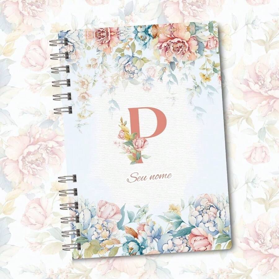 A5 Floral Pink And Blue Notebook Personalized With Initial Of The Alphabet - P - View 1