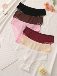 6 Pcs Women Contrast Lace High Waisted Cotton Brief - Multicolor - View 2