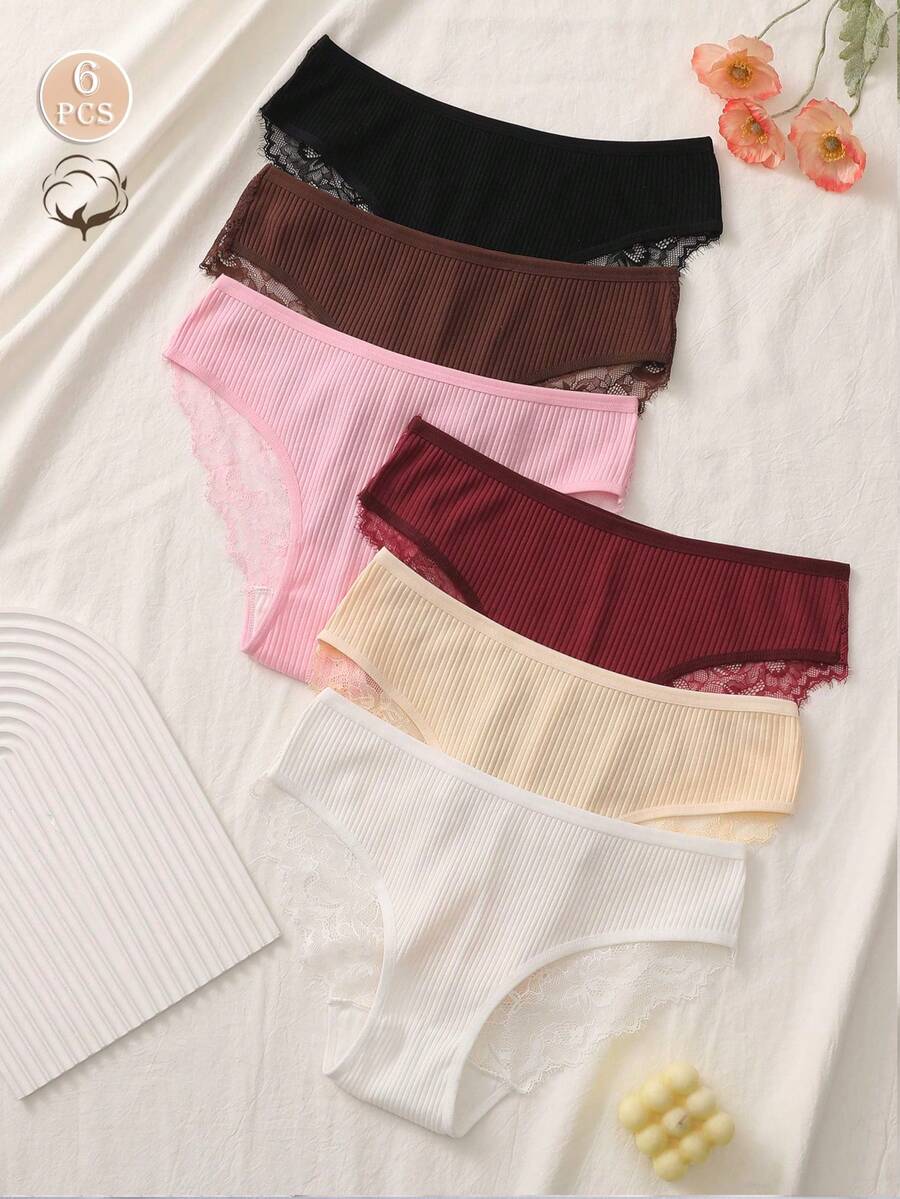 6 Pcs Women Contrast Lace High Waisted Cotton Brief