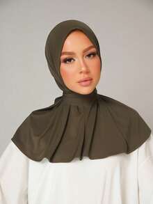 1件装女士中东阿拉伯迪拜土耳其纯色经典简约休闲优雅柔软透气舒适长帽檐二合一围巾头巾针织头巾，适合日常生活、节日、聚会、礼拜等场合。 - 深軍綠 - 查看 1