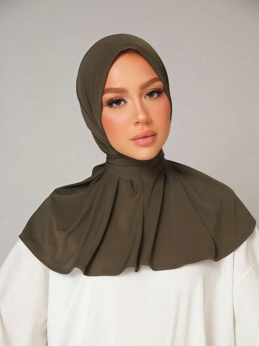 1件装女士中东阿拉伯迪拜土耳其纯色经典简约休闲优雅柔软透气舒适长帽檐二合一围巾头巾针织头巾，适合日常生活、节日、聚会、礼拜等场合。 - 深軍綠 - 查看 1