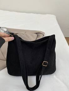 New Large Capacity Velvet Shoulder Bag, Casual Crossbody Bag, Cloth Bag, Commuting Travel Cloth Bag, College Student Bag - Black - View 6