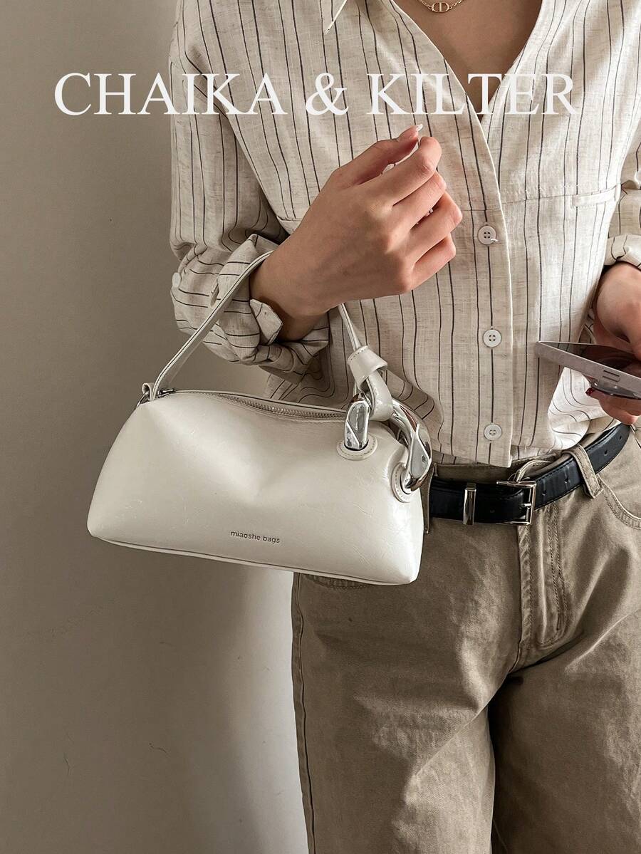 CHAIKA & KILTER 1 件装纯色亮面 PU 皮革手提包，女士休闲时尚托特水桶包，波士顿枕形包，字母金属装饰，顶部拉链封口，可拆卸可调节肩带，适合日常购物