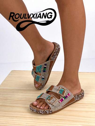 roulvxiang 2026 Designer New Solid Color Shiny Bohemian Casual Vacation Fashion Retro Y2K Gothic Beaded Buckle Sequin Crystal Rhinestone Women Flat Sandals, Plastic Slippers For Beach, Vacation, Party, Office, Outdoor, Spring/Summer