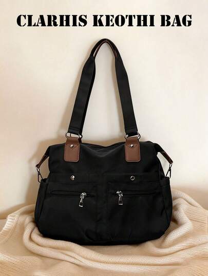 新款时尚经典多功能纯色大容量多口袋撞色手提包，带送货单设计，适合校园郊游。