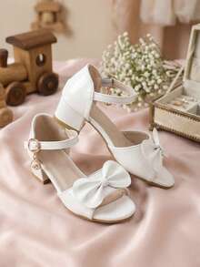1 par de sandalias de tacón alto de verano para niñas, con decoración de lazo versátil blanco, hebilla, colgante de strass, tacón grueso, adecuado para fiestas, actuaciones escolares, combinar con atuendos, lazo versátil negro, rojo - Blanco - Ver 4