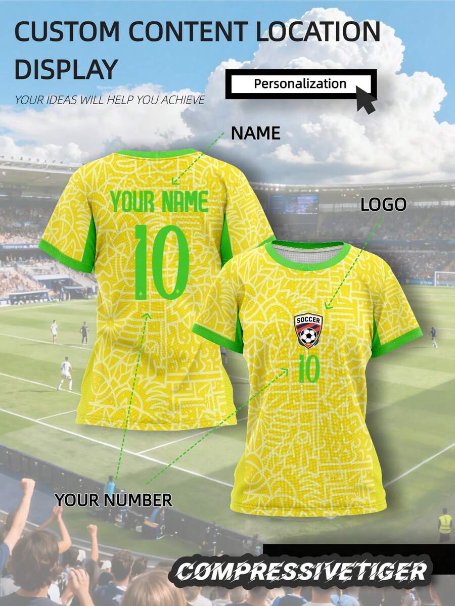 1pc Customized Brazil National Team Home Yellow Jersey - Personalize With Logo, Name And Number - Breathable Comfortable Fabric - World Cup - Fan Sports Training Wear - Valentine's Day Gift, Jersey Style - Yellow - View 1